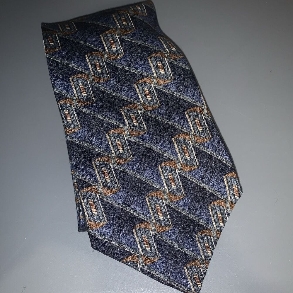 Retro JOHN HENRY Silk Tie‎ Necktie Mens Blue/Green Geometric Italy/USA 4"x58"
